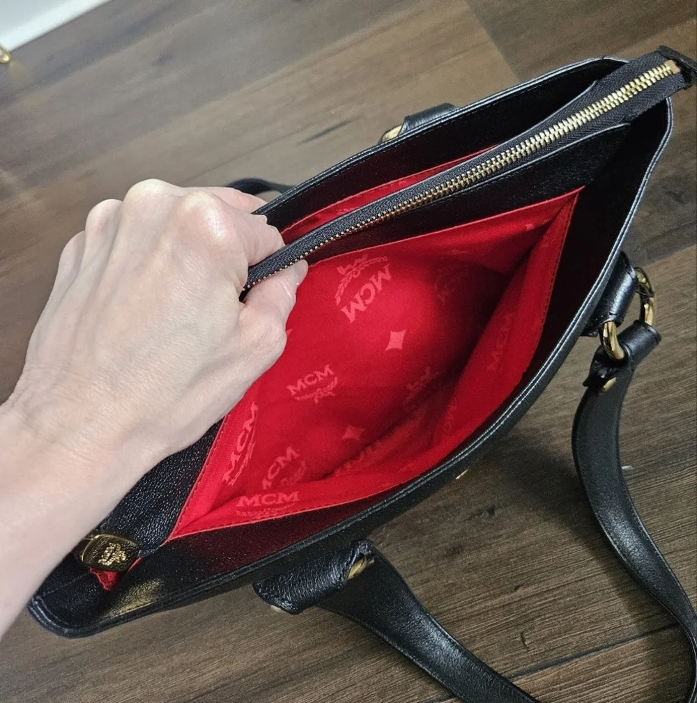 MCM Grained Calfskin Black Leather Shoulder Bag With COA